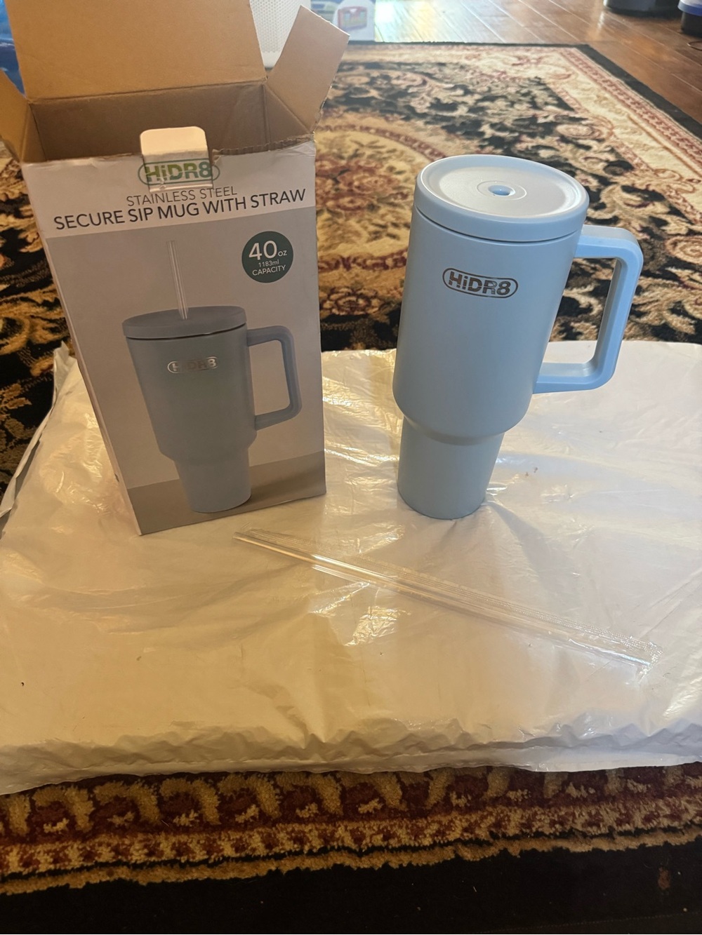 40oz Stainless Steel Secure Sip Mug with Straw - Light Blue. New in Box.